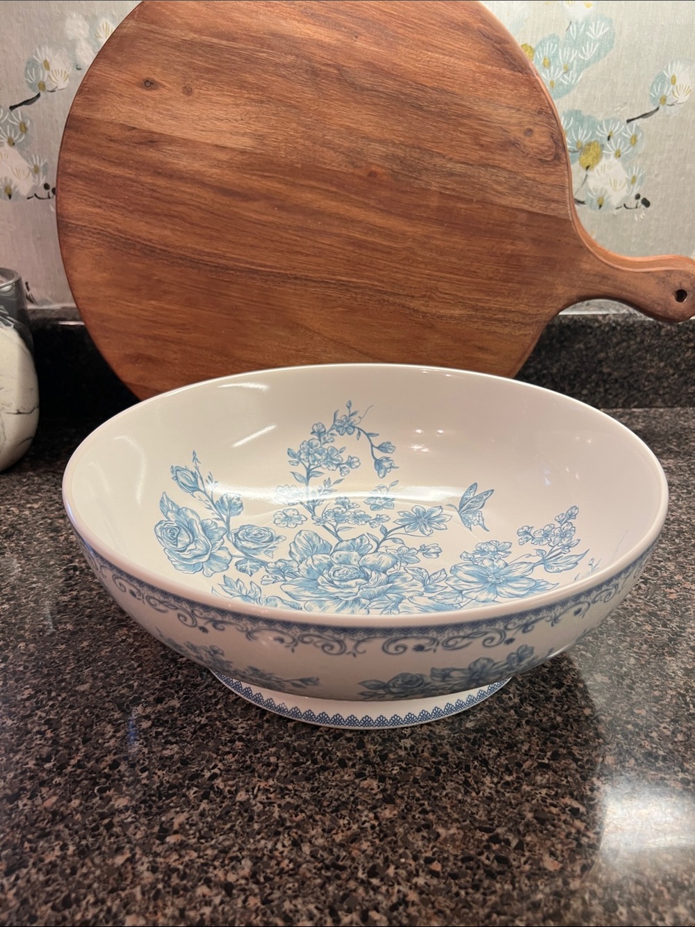 Blue & White Chic Pioneer Woman Floral Ceramic Footed Serving Bowl 11 inches